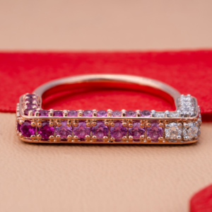 Contemporary rectangular-edge rose gold ring with twin rows of pavé-set diamonds for a modern geometric look